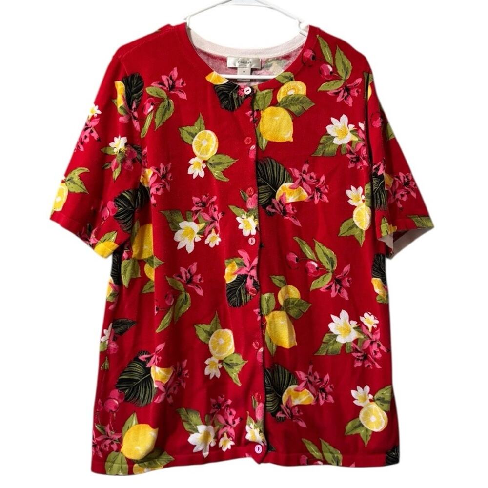 CJ Banks Women Size1X Cardigan Sweater Button Down Lemons Floral Colorful Cotton